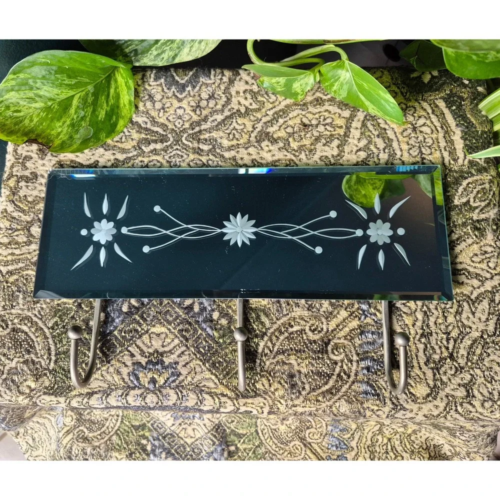 Vintage Beveled Etched Mirror Wall Hook Rack Floral Hollywood Regency Decor